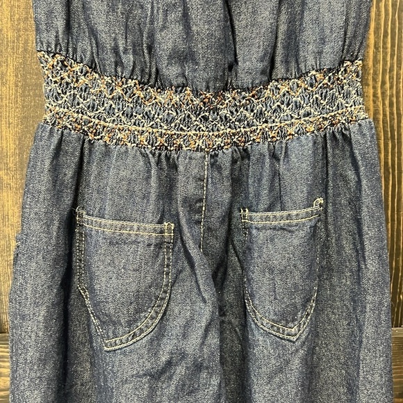 Chesley Denim Jumpsuit S Wide Leg Strapless Pockets Soft Elastic Stretch Waist - Picture 7 of 10